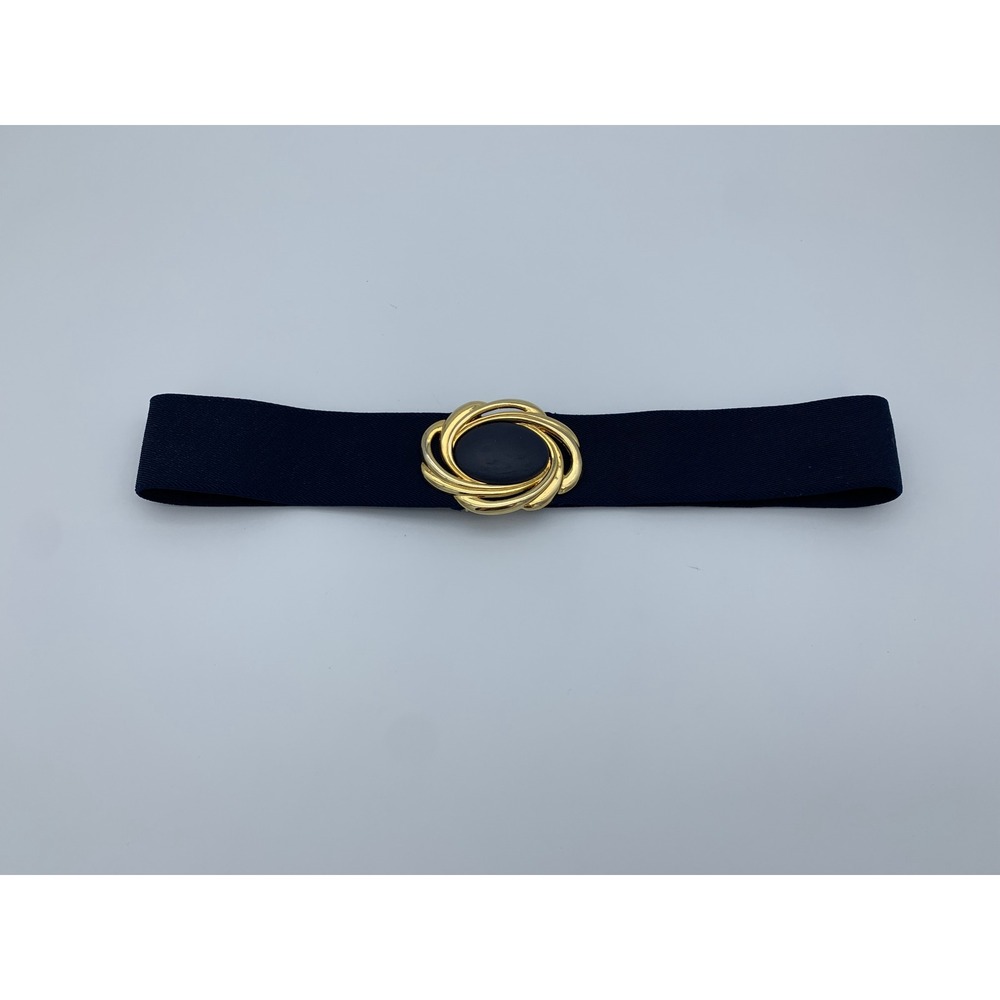 Vintage Day-Lor Navy Blue Gold Tone Swirl Large Buckle Statement Stretch Belt